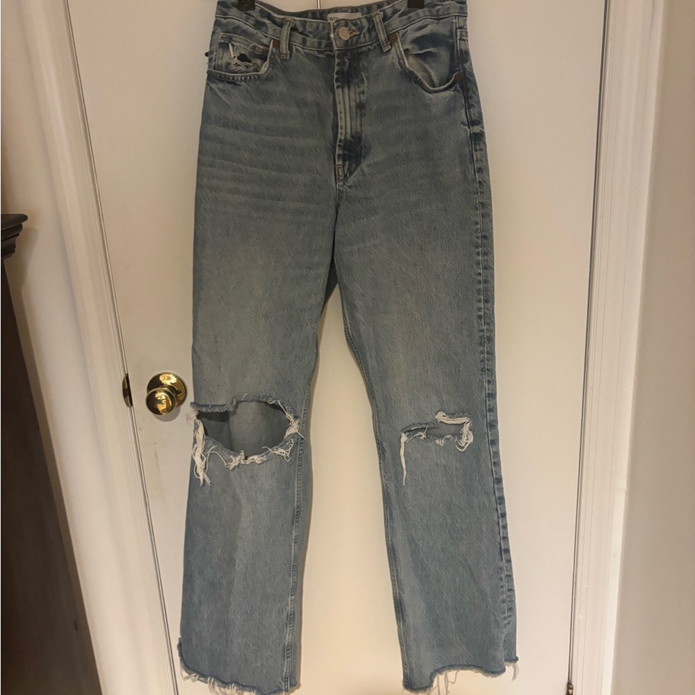 Zara Light Blue Distressed Flare Jeans